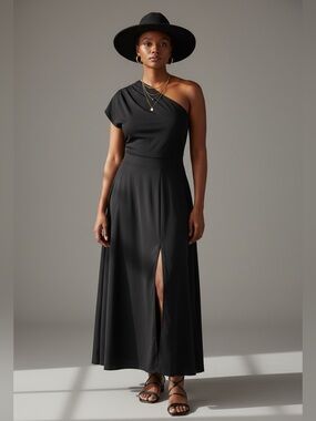 One-Shoulder Black Maxi Skirt Dress - Women's